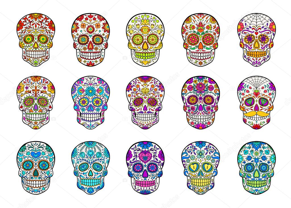 Set of hand drawn sugar skulls. Collection of Mexican skulls for mexican Day of the Dead