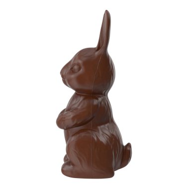 Paskalya çikolatalı tavşanı, beyaz arka planda yan görüş. 3B illüstrasyon