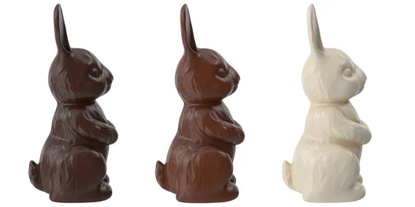 Tři Čokoládoví Zajíčci Černé Mléčné Bílé Čokolády Boční Pohled Izolovaný — Stock fotografie
