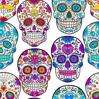 Kafatasları şekerli, şenlikli bir arka plan. Şekerli kafatasları ile desen