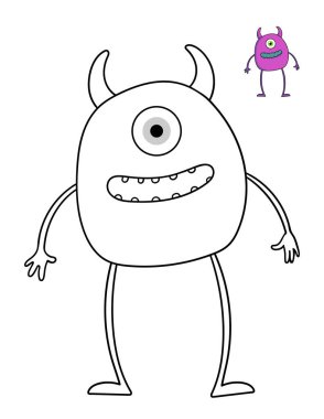 Sevimli çizgi film canavar boyama sayfası ve renk örneği. Harf boyutu yazdırmaya hazır