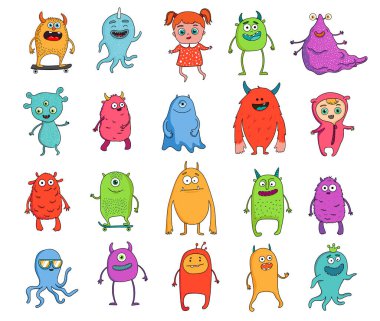 Sevimli çizgi film canavarları seti. Beyaz arkaplanda izole edilmiş vektör canavarları