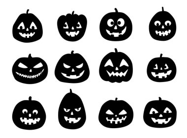 Korkunç bir Cadılar Bayramı balkabağı seti. Jack O Lantern Siluetleri. Beyaz arkaplanda Cadılar Bayramı siluetleri.