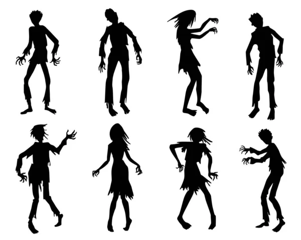 Zombie Silhouetten Gesetzt Halloween Ikonen Vereinzelt Zombie Horror Menschensilhouetten — Stockvektor