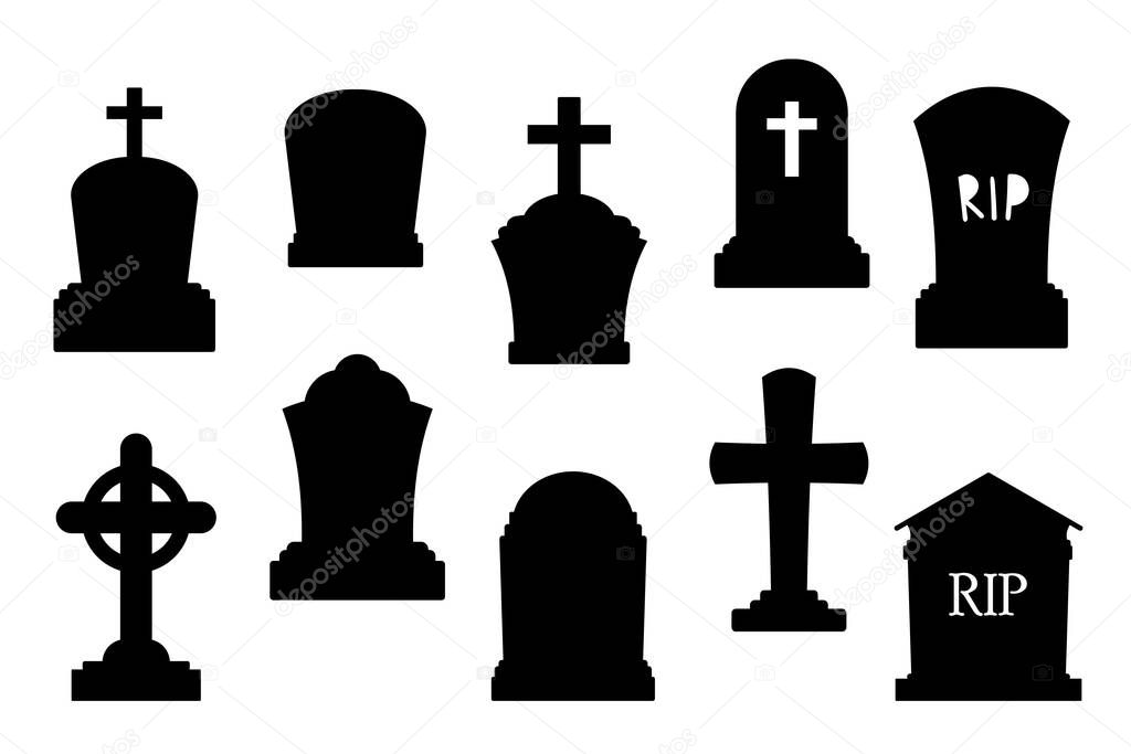 Tombstone silhouette set for Halloween. Dark gravestone icons set isolated on white background