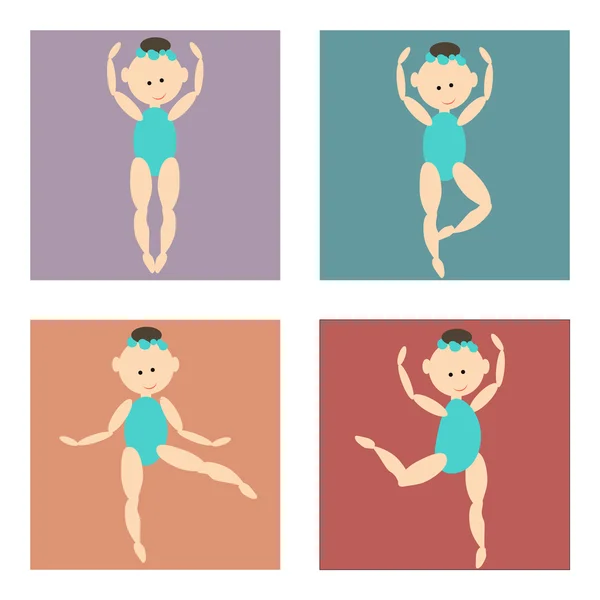 Conjunto de ícones coloridos, menina dos desenhos animados em um maiô dançando, bailarina poseslittle diferente em várias poses, imagem vetorial dos desenhos animados, cores diferentes — Vetor de Stock