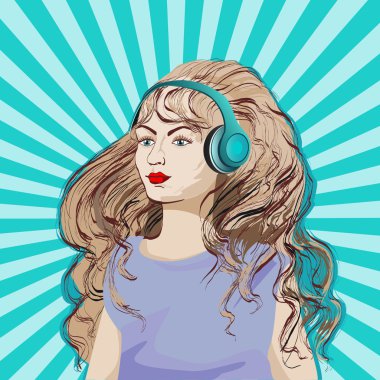girl in headphones with long hair listening to music, pop style