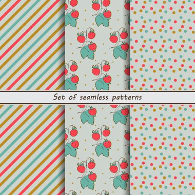 Strawberry, set of seamless patterns, stripes, striped background, colorful background