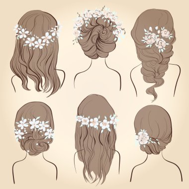 set of different vintage style hairstyles, wedding hairstyles, hair styles with flowers, sketch hairstyle head