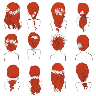 set of different hairstyles, wedding hairstyles, hair styles with flowers, sketch hairstyle head female, clipart
