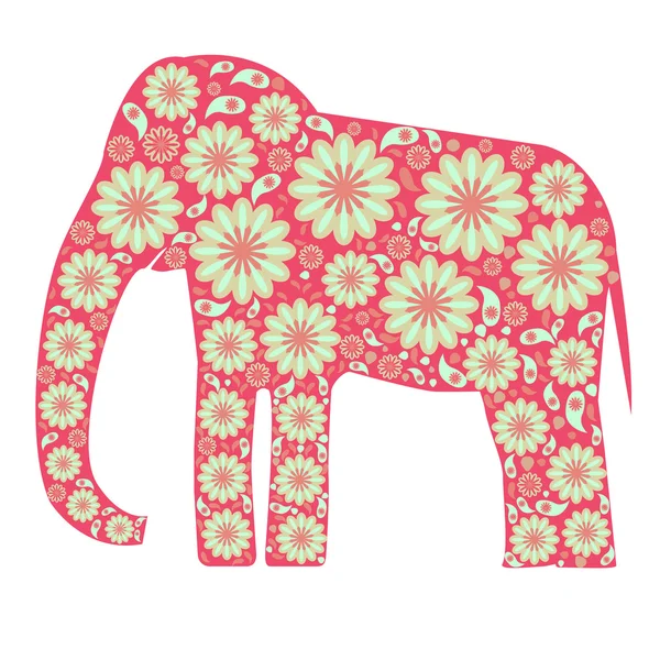 Decorative pink elephant with floral patterns — Stock Vector