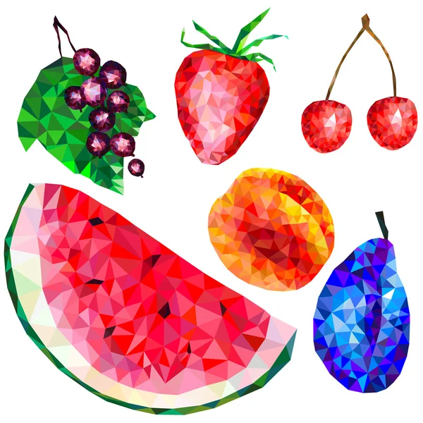 Früchte und Beeren, Dreiecke, Wassermelone, Johannisbeere, Erdbeere, Kirsche, Pfirsich, Pflaume, Aprikose — Stockvektor