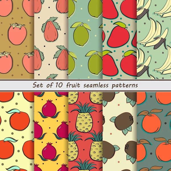 Set of ten seamless colored fruit patterns, fruit background — Wektor stockowy