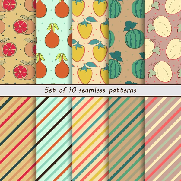 Set of seamless colored fruit and striped patterns, fruit background — Wektor stockowy