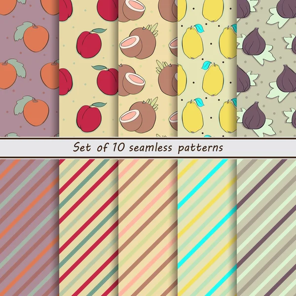 Set of seamless  patterns, fruit,naranjilla, nectarine, coconut, lemon, fig, scrap paper, background, hand drawn, dot, stripe, oblique, colorful, companies, small, simple — Stok Vektör