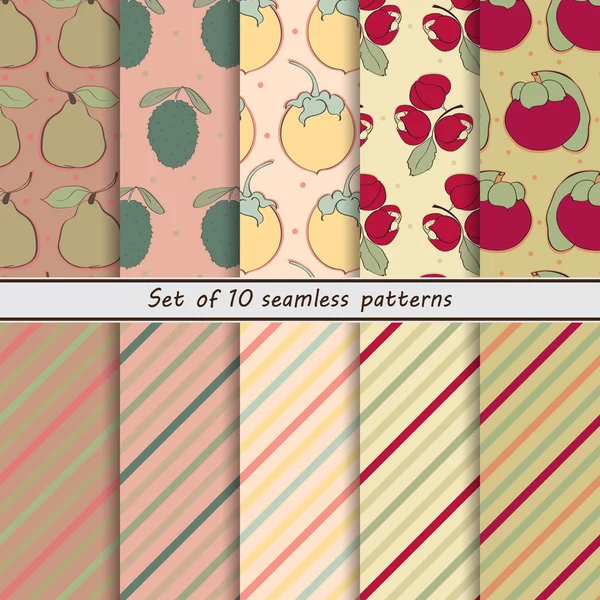 Conjunto de frutas sem costura coloridas e padrões listrados, fundo de frutas —  Vetores de Stock