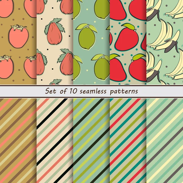 Set of seamless patterns and striped fruit, banana, persimmon, papaya, lime, strawberry — Wektor stockowy