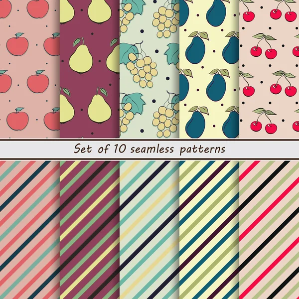 Set of seamless fruit and striped patterns — Wektor stockowy