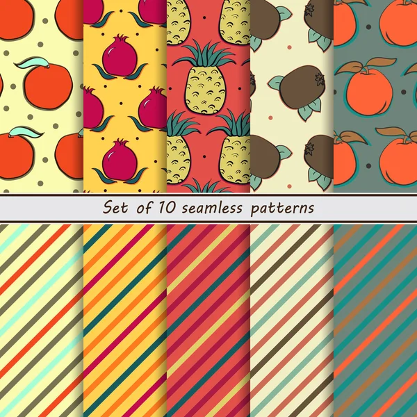 Set of seamless fruit and striped patterns, mandarin, pomegranate, pineapple, kiwi, peach — Wektor stockowy