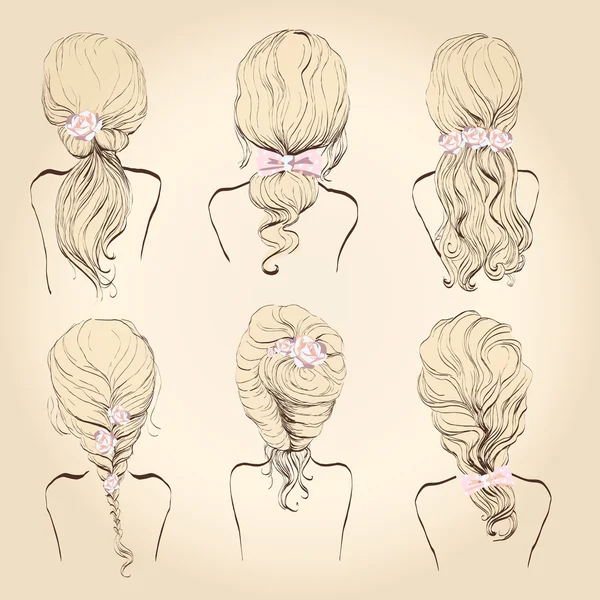 Cheveux sertis, esquisse sur fond beige, avec rubans et fleurs, image isolée, motif vectoriel — Image vectorielle