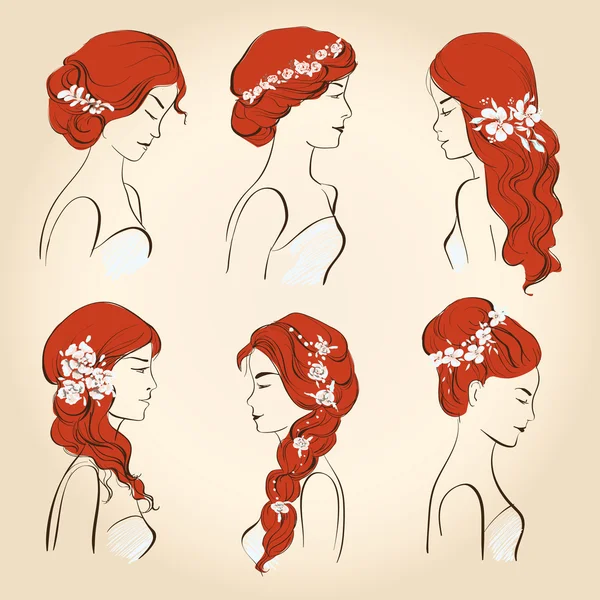 Set of wedding hairstyles, sketch, head of a young woman in profile — Stok Vektör