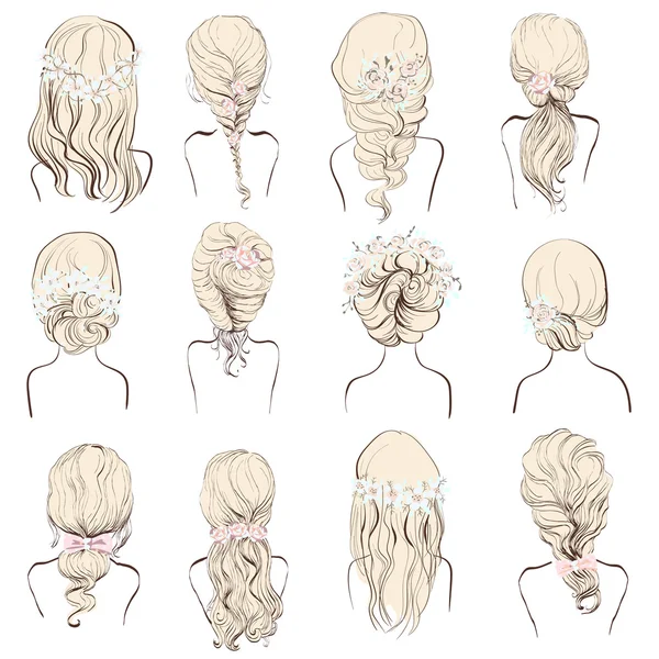 Set of different hairstyles, wedding hairstyles,isolated on a white background — Stock Vector