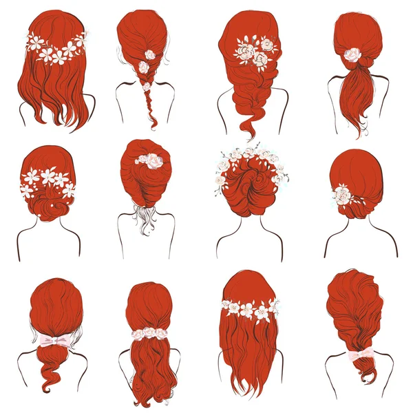 Conjunto de penteados diferentes, penteados de casamento, estilos de cabelo com flores, cabeça penteado esboço feminino , —  Vetores de Stock