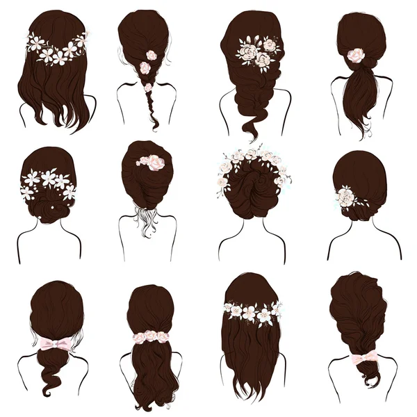 A különböző frizurák, esküvői frizura, haj stílusok virágok szett, — Stock Vector