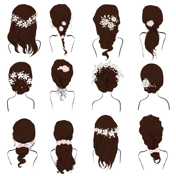 Conjunto de penteados diferentes, penteados de casamento, estilos de cabelo com flores , — Vetor de Stock