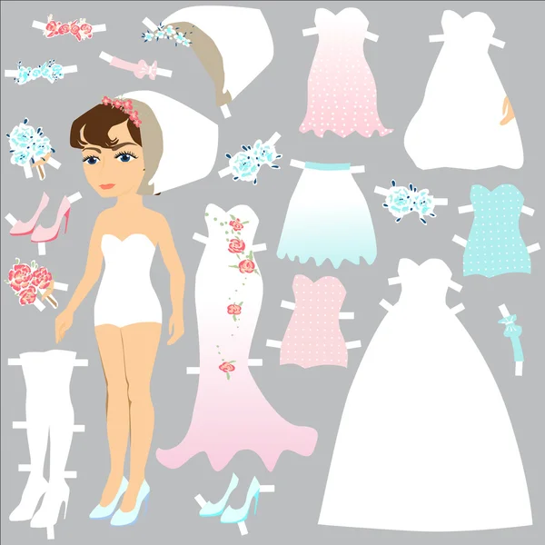 Papírové panenky řezat, svatební šaty pro nevěstu — Stockový vektor