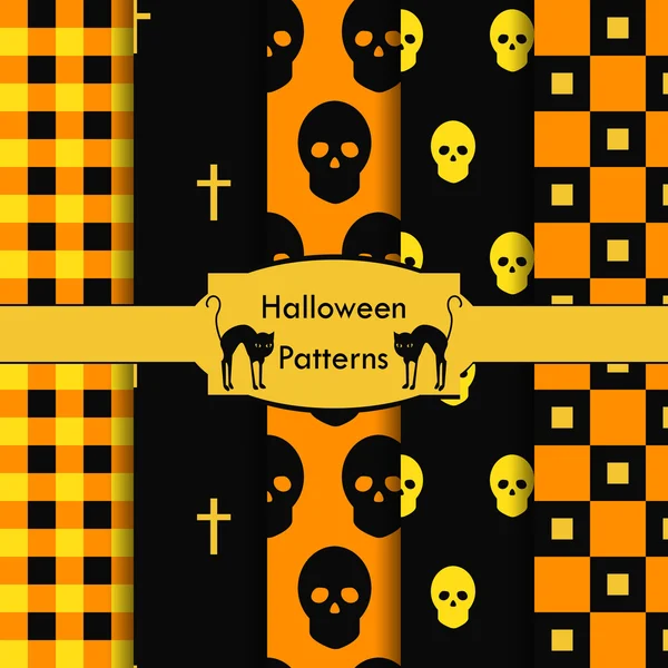 Set of abstract seamless patterns as Halloween in the traditional colors, skull, cross, square — Stock Vector