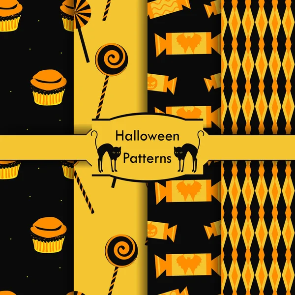 Set of seamless patterns, halloween, traditional colors — Stock Vector