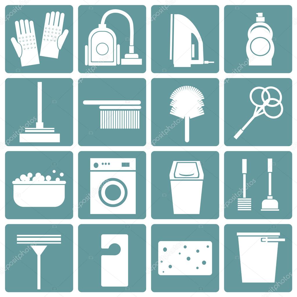 Flat icons set : Cleaning Objects, white picture on a green background