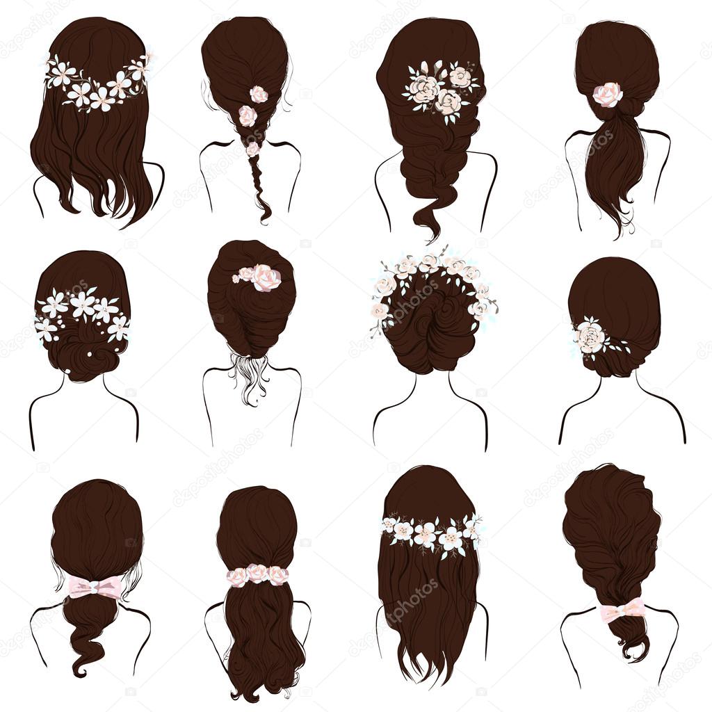 set of different hairstyles, wedding hairstyles, hair styles with flowers,