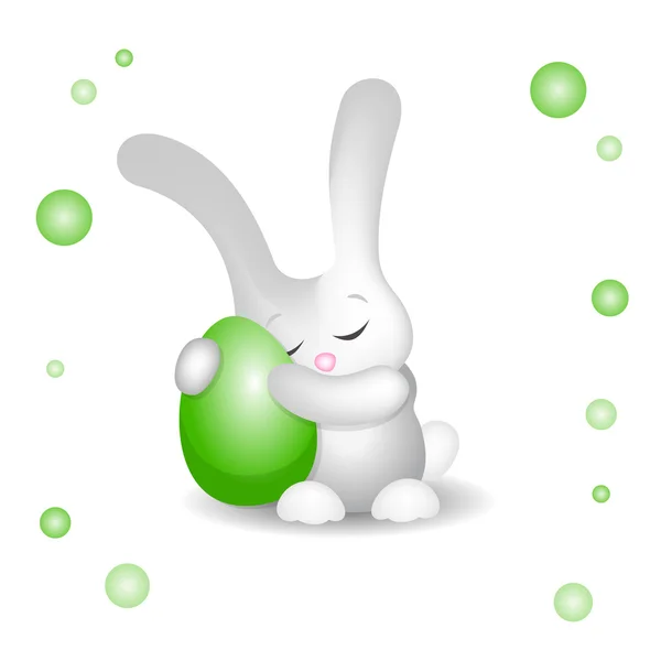 Conejito de Pascua abrazando huevo verde claro con amor — Vector de stock