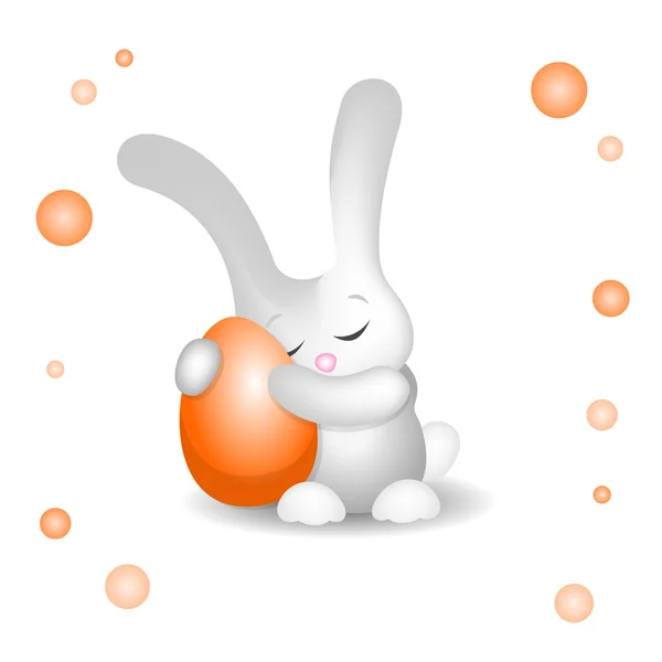 Conejito de Pascua abrazando huevo naranja claro con amor — Vector de stock