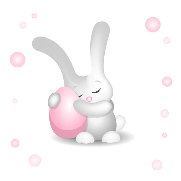 Pascua conejito abrazando luz rosa huevo con amor — Vector de stock