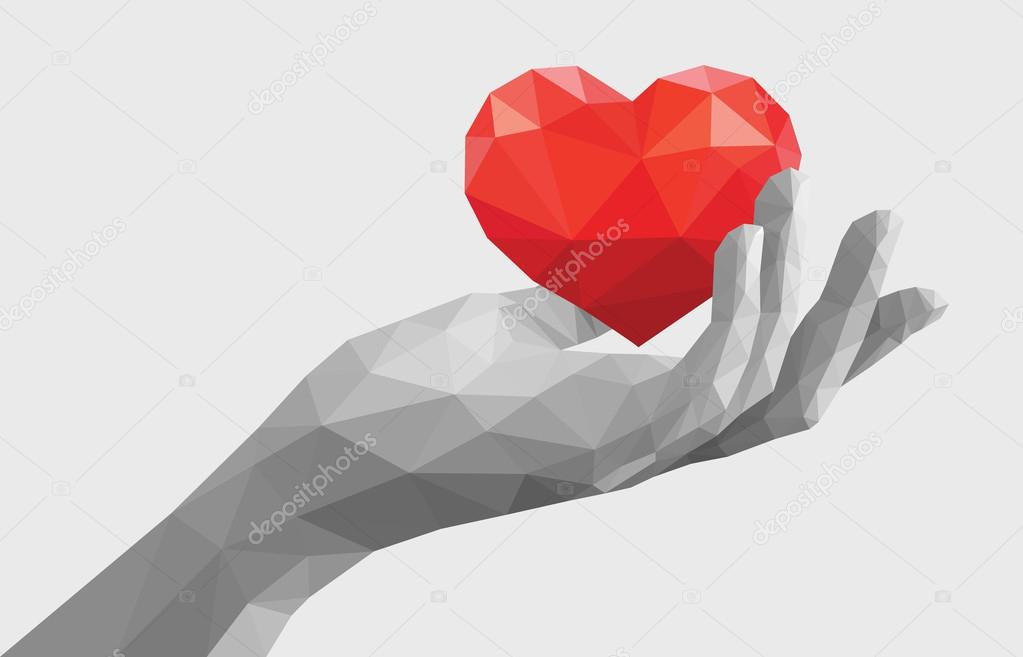 polygonal left hand keeps the heart Opened monochrome gray