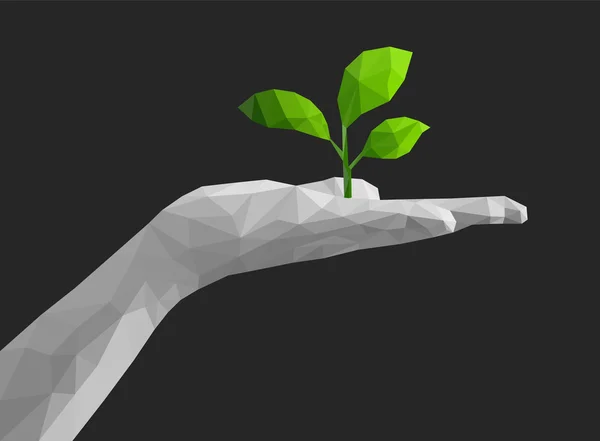 Açık poligon tek renkli palm el yeşil bitki siyah üzerinde tutar.