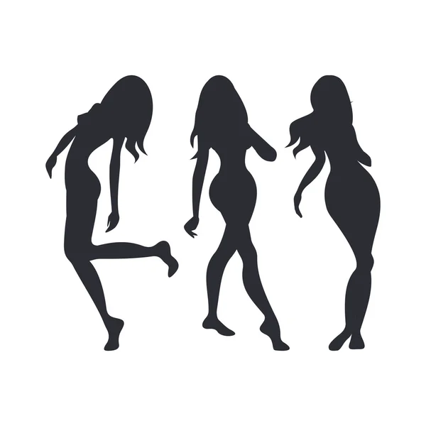 Silueta tres chicas que bailan monocromo — Vector de stock