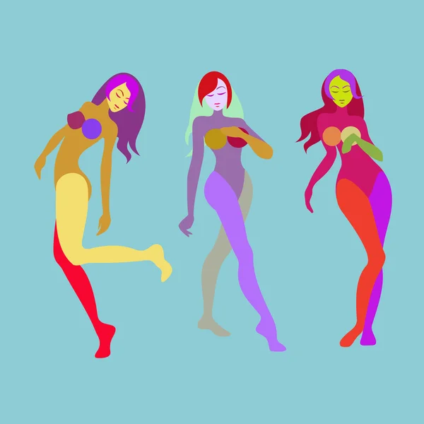 Silueta tres chicas que bailan multicolor — Vector de stock