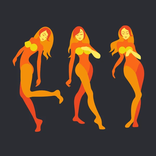 Silhouette trois filles qui dansent orange — Image vectorielle