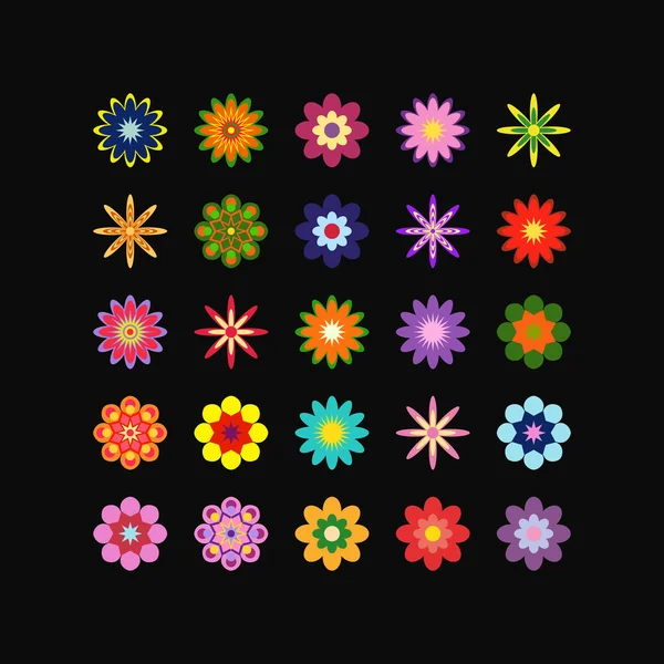 Grand ensemble de fleurs différentes de différentes couleurs sur noir — Image vectorielle