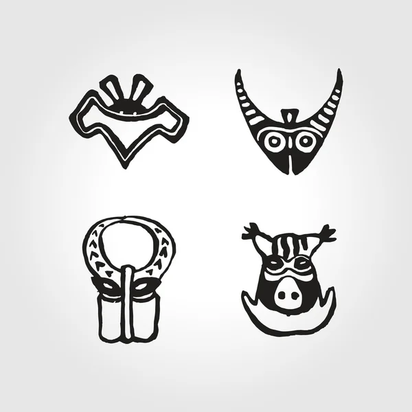 Conjunto africano indio estilo popular símbolo monocromo hocico animales — Vector de stock