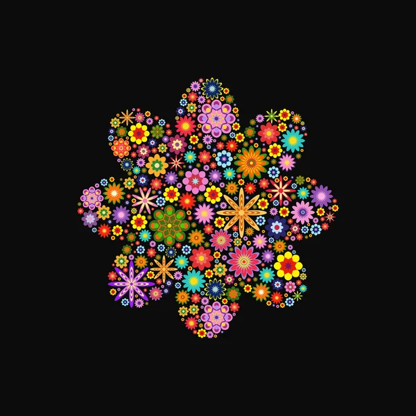 Bloem met ronde bloemblaadjes samengesteld uit vector bloemen op black — Stockvector