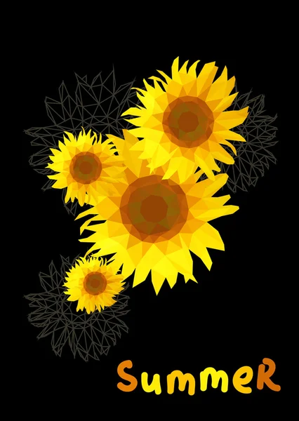 Sonnenblume auf schwarzem Hintergrund mit dem Text Sommer — Stockvektor
