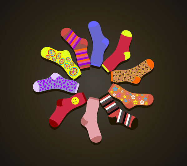 Vector colored socks in a circle on a brown background