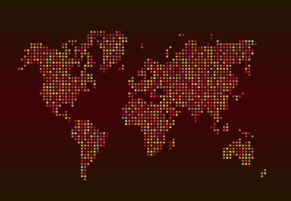 Mapa del mundo formado por estrellas sobre fondo rojo — Vector de stock