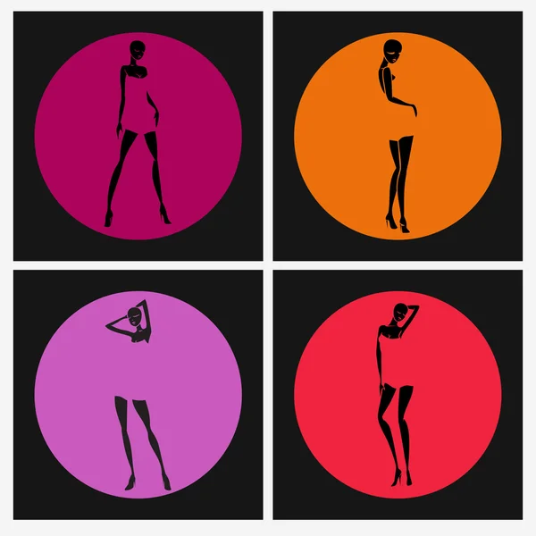 Sexy girl silhouette set in colored circles — Stock Vector