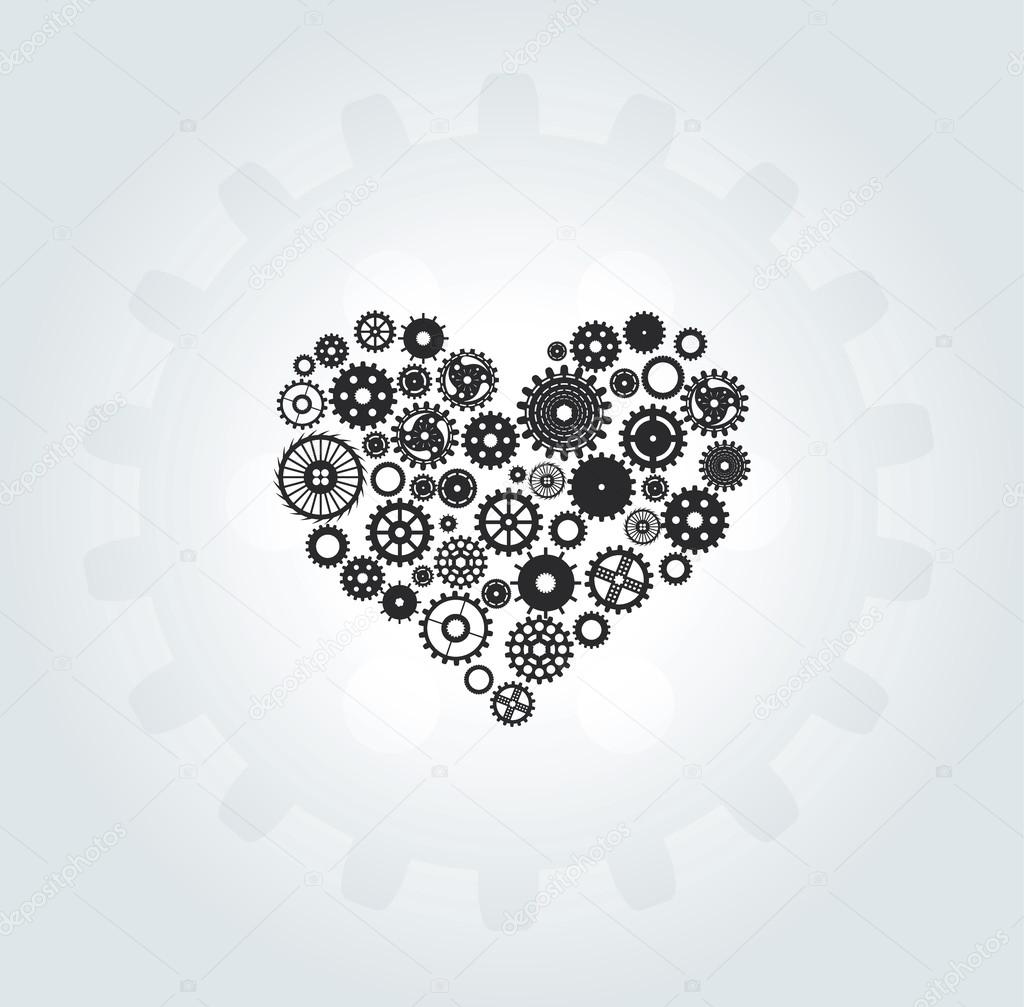 Heart consisting of gears in motion on a light background